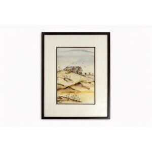Watercolor Painting Vintage Sand Dunes Coastal Muted Colors Golds Browns Wall Ar